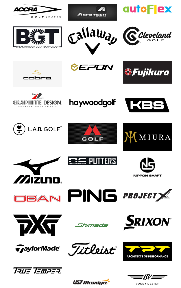 Collection of various golf equipment brand logos on a white background